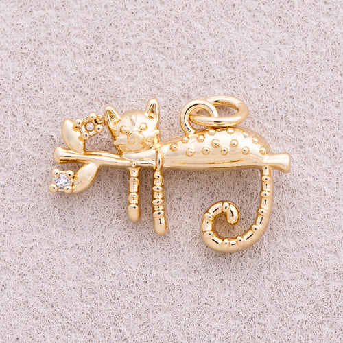 16K Gold Plated Clear CZ Textured Kitty Pet Charm - Sold Each