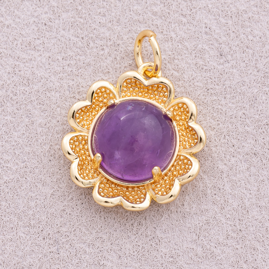 16K Gold Plated Red and Purple Natural Gemstone Flower Charm - Sold Each