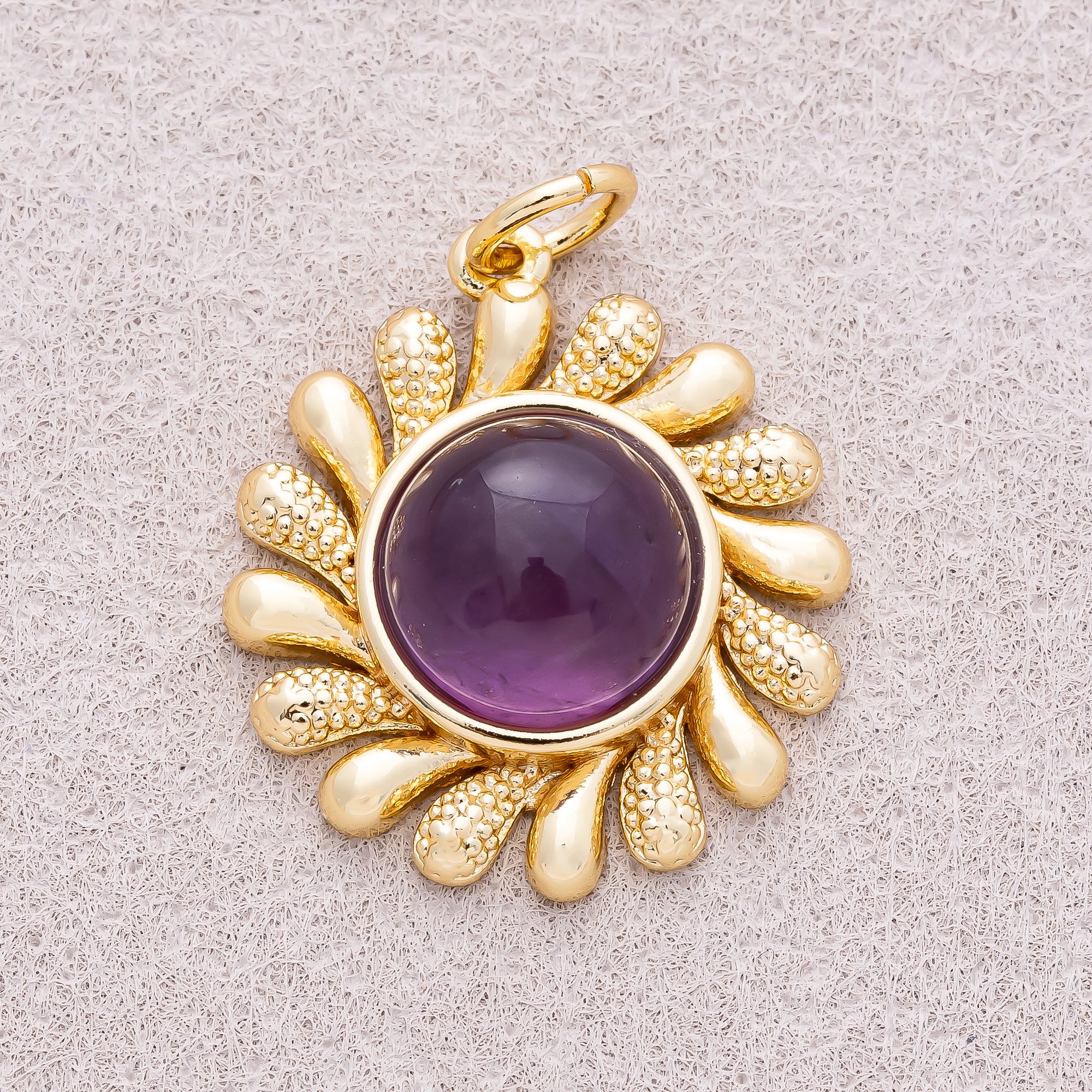 16K Gold Plated Colorful Natural Gemstone Textured Sunflower Charm - Sold Each