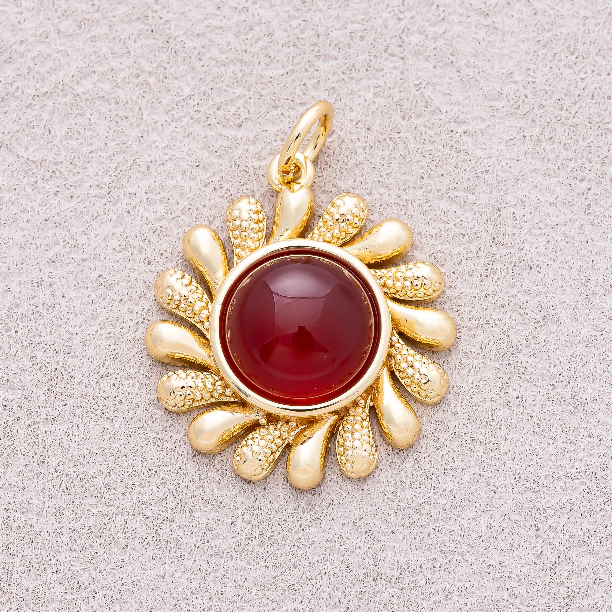 16K Gold Plated Colorful Natural Gemstone Textured Sunflower Charm - Sold Each