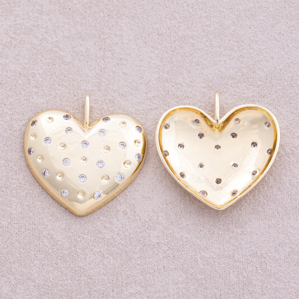 16K Gold Plated Micro Paved CZ Beaded Chubby Love Heart Pendant - Sold Each