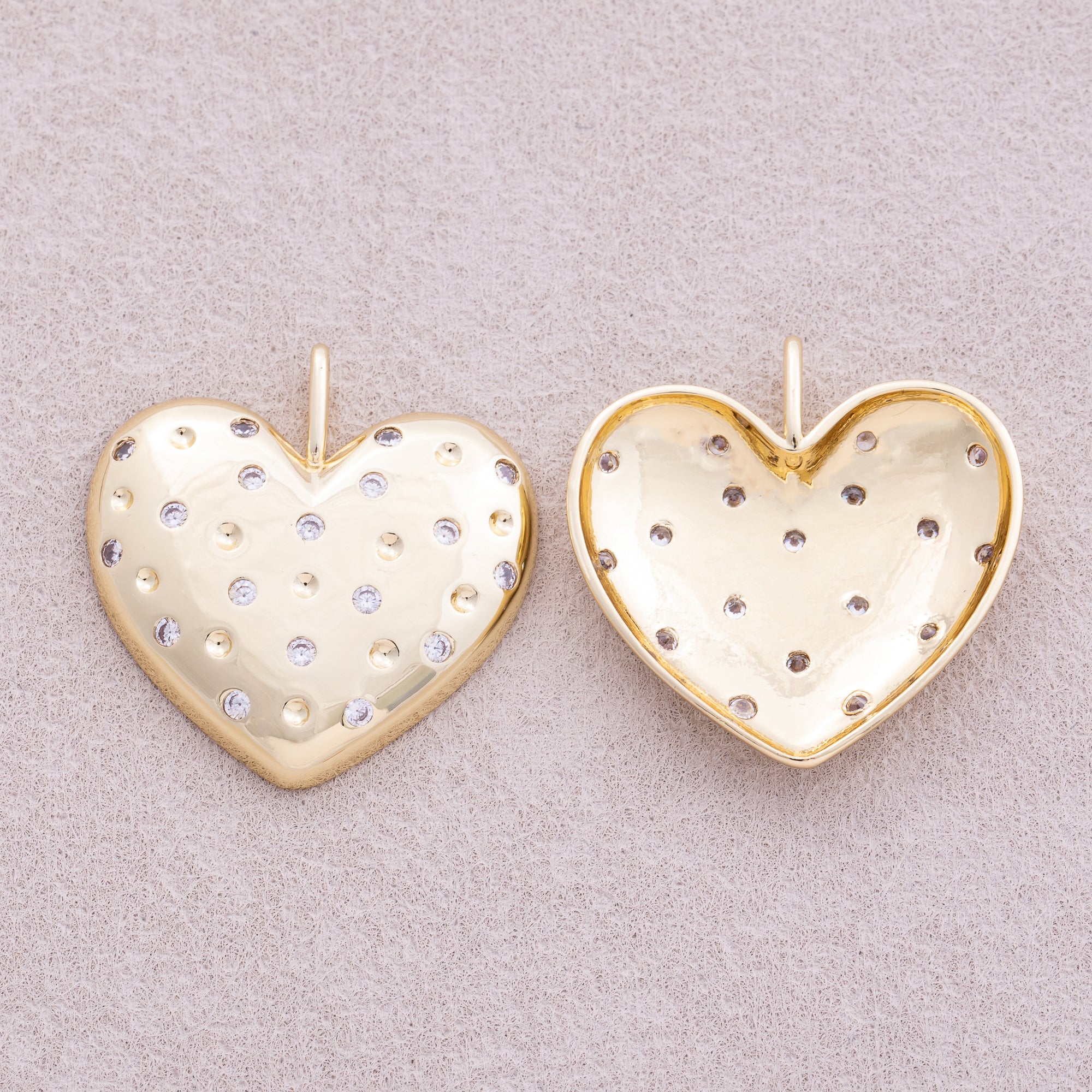 16K Gold Plated Micro Paved CZ Beaded Chubby Love Heart Pendant - Sold Each