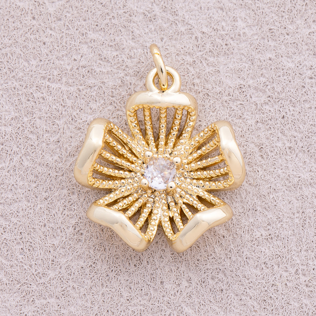 16K Gold Plated Solitaire CZ Filigree Blooming Flower Charm - Sold Each