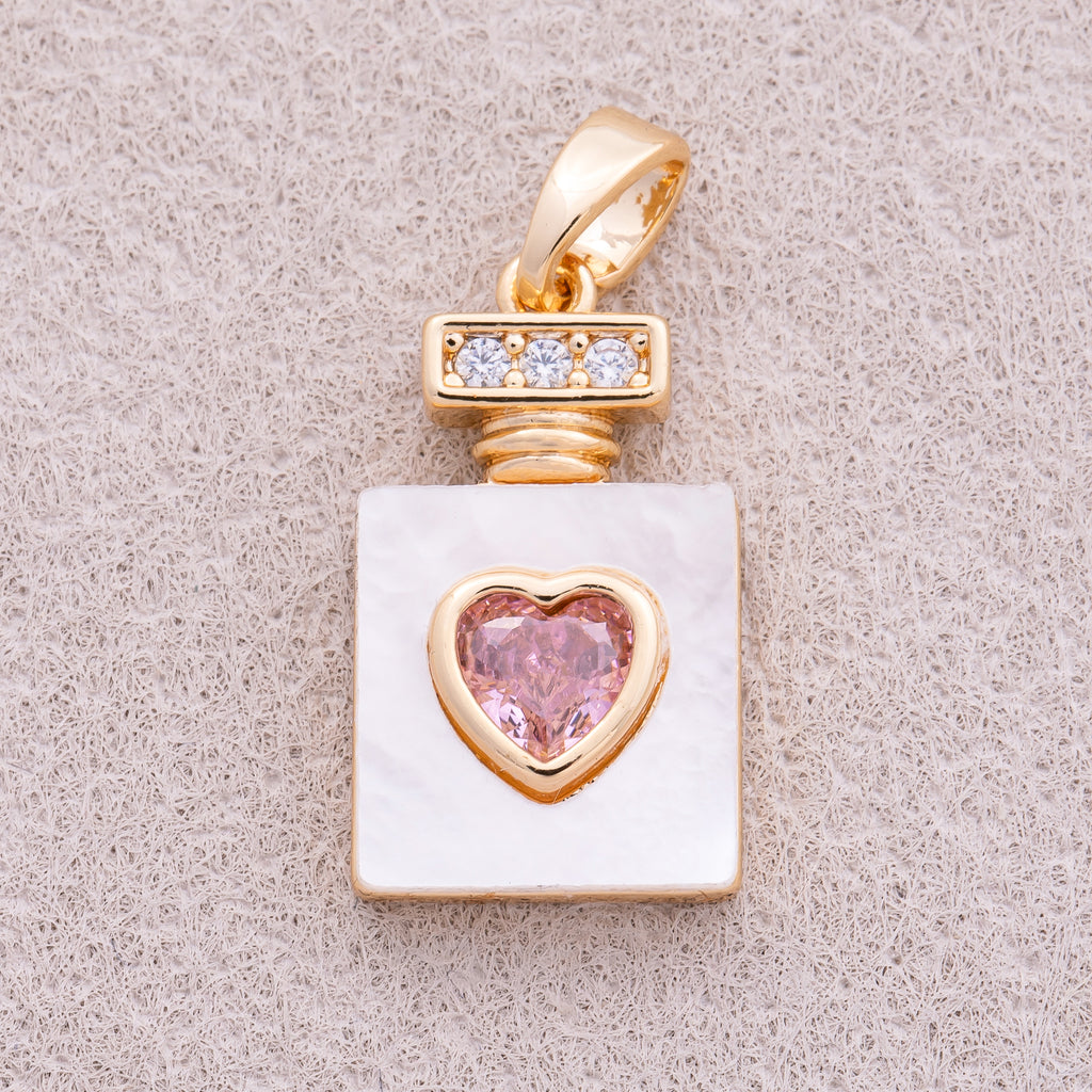 16K Gold Plated Pink Heart CZ Perfume Bottle Charm - Sold Each