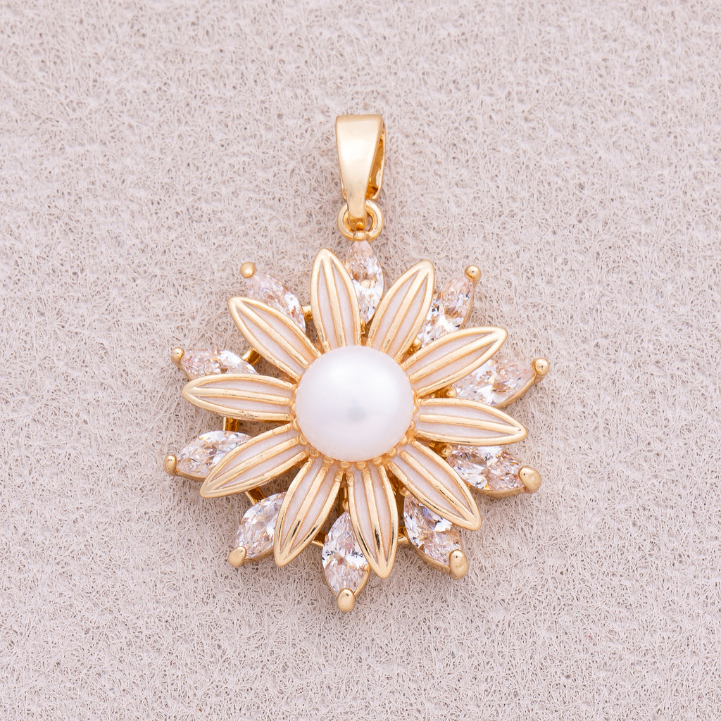 16K Gold Plated Shell Pearl Marquise CZ Daisy Flower Pendant - Sold Each