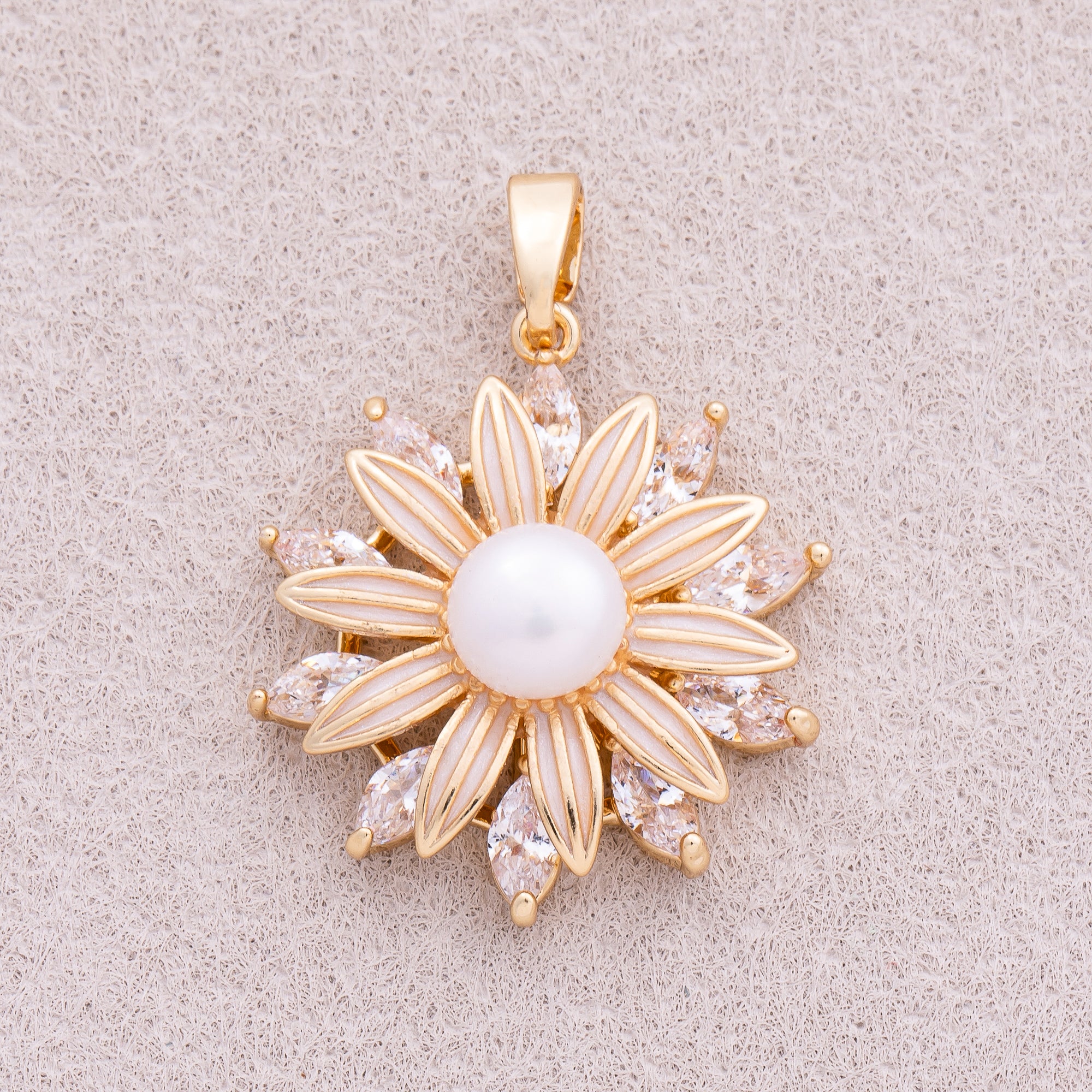 16K Gold Plated Shell Pearl Marquise CZ Daisy Flower Pendant - Sold Each