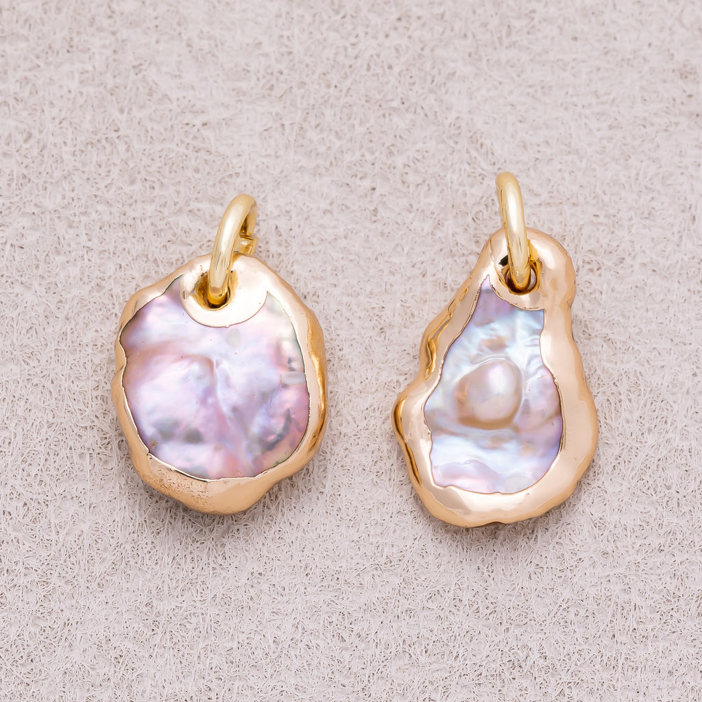 18K Gold Plated Baroque Freshwater Pearl Hammered Asymmetric Round Charm - Sold Each