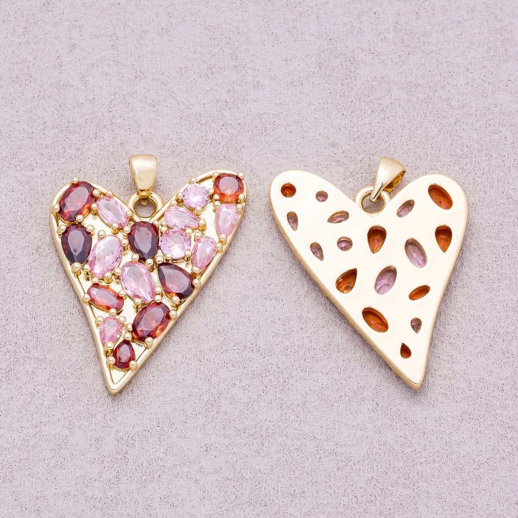 16K Gold Plated Colorful Multi Cut CZ Asymmetric Heart Pendant - Sold Each