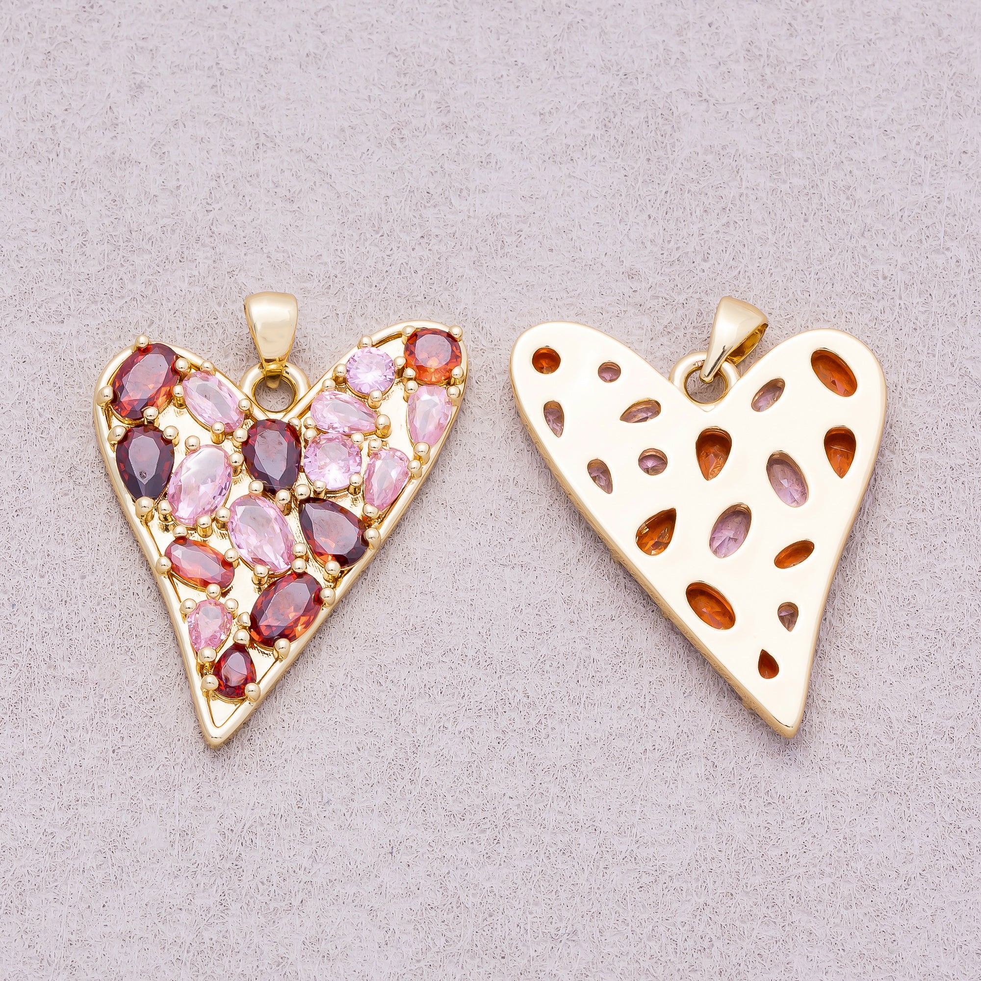 16K Gold Plated Colorful Multi Cut CZ Asymmetric Heart Pendant - Sold Each