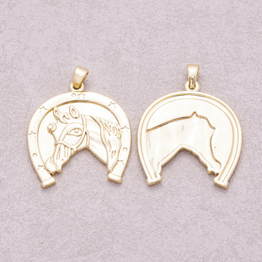 16K Gold Plated Lucky Horseshoe Medallion Horse Pendant - Sold Each