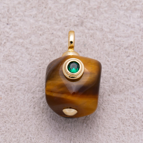 16K Gold Plated Green CZ Tiger Eye Natural Gemstone Asymmetric Mini Charm - Sold Each