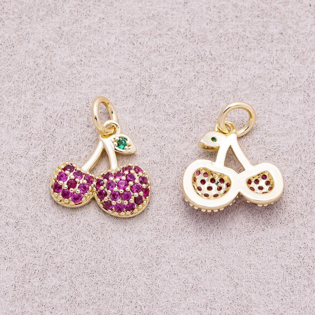 16K Gold Plated Micro Paved CZ Purple Sweet Cherry Fruit Charm - Sold Each