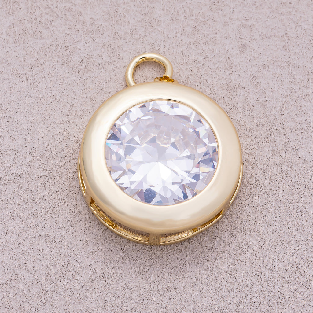 16K Gold Plated Clear CZ Solitaire Round Charm  - Sold Each