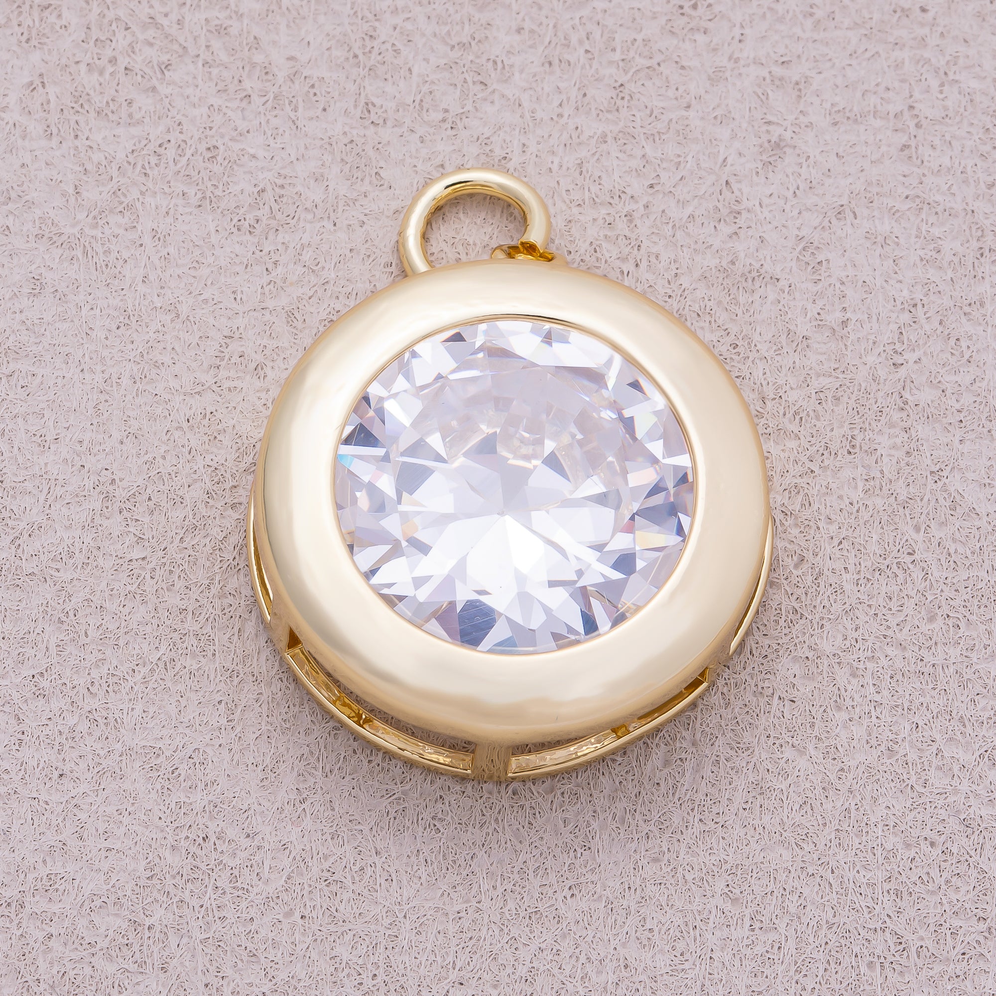 16K Gold Plated Clear CZ Solitaire Round Charm  - Sold Each