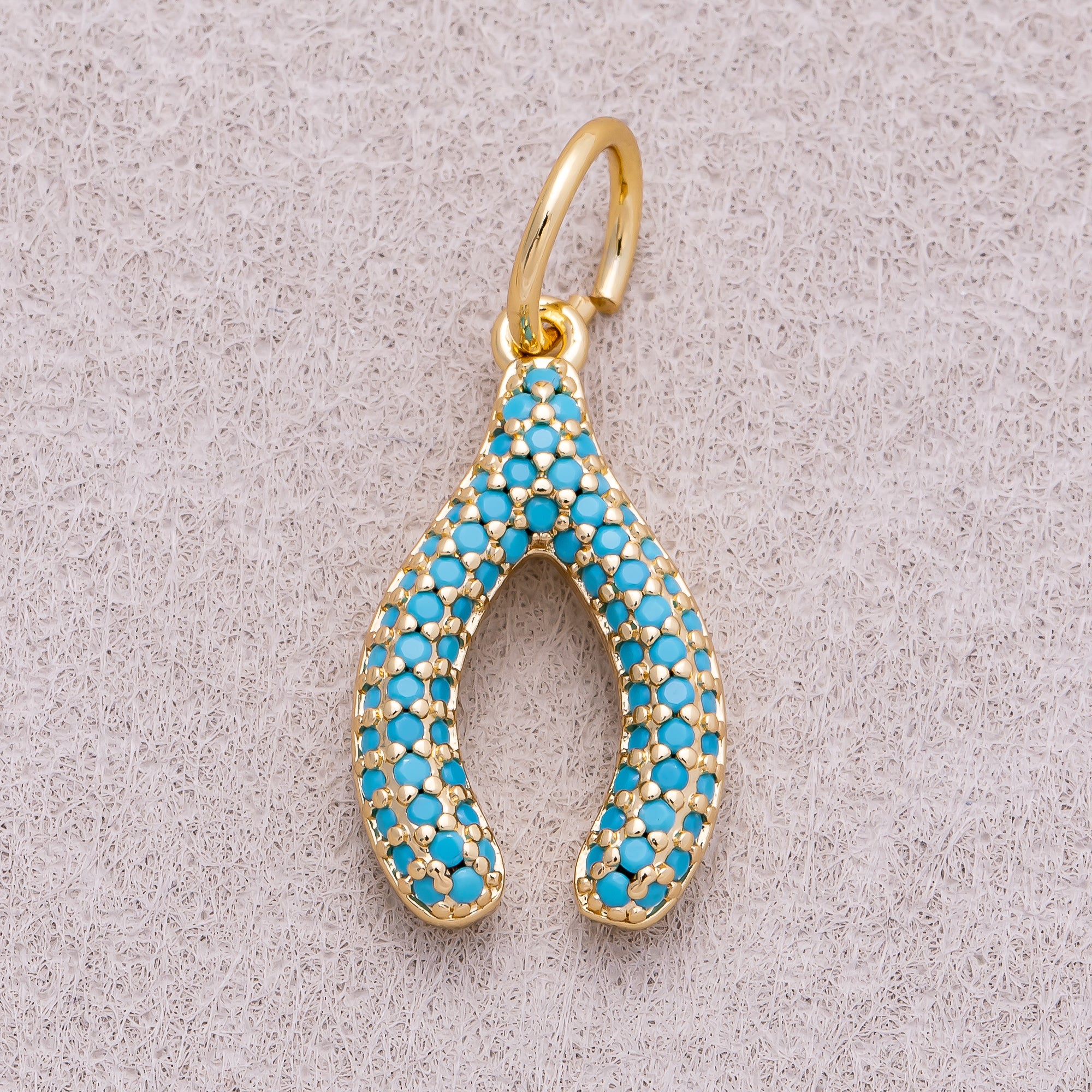 16K Gold Plated Turquoise and Clear Micro Paved CZ Wishbone Lucky Charm - Sold Each