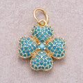 16K Gold Plated Turquoise and Clear Micro Paved CZ Leaf Clover Lucky Charm - Sold Each