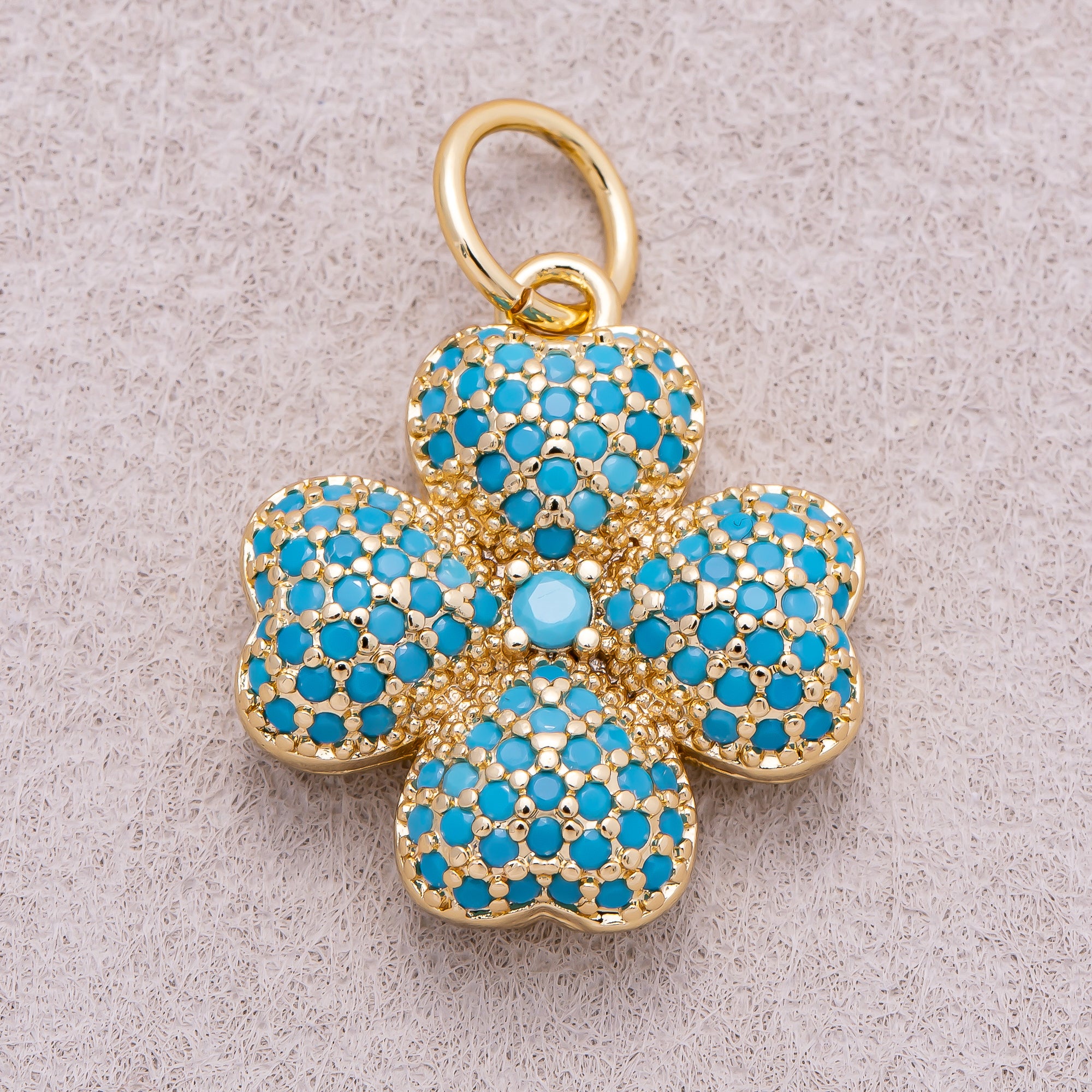 16K Gold Plated Turquoise and Clear Micro Paved CZ Leaf Clover Lucky Charm - Sold Each