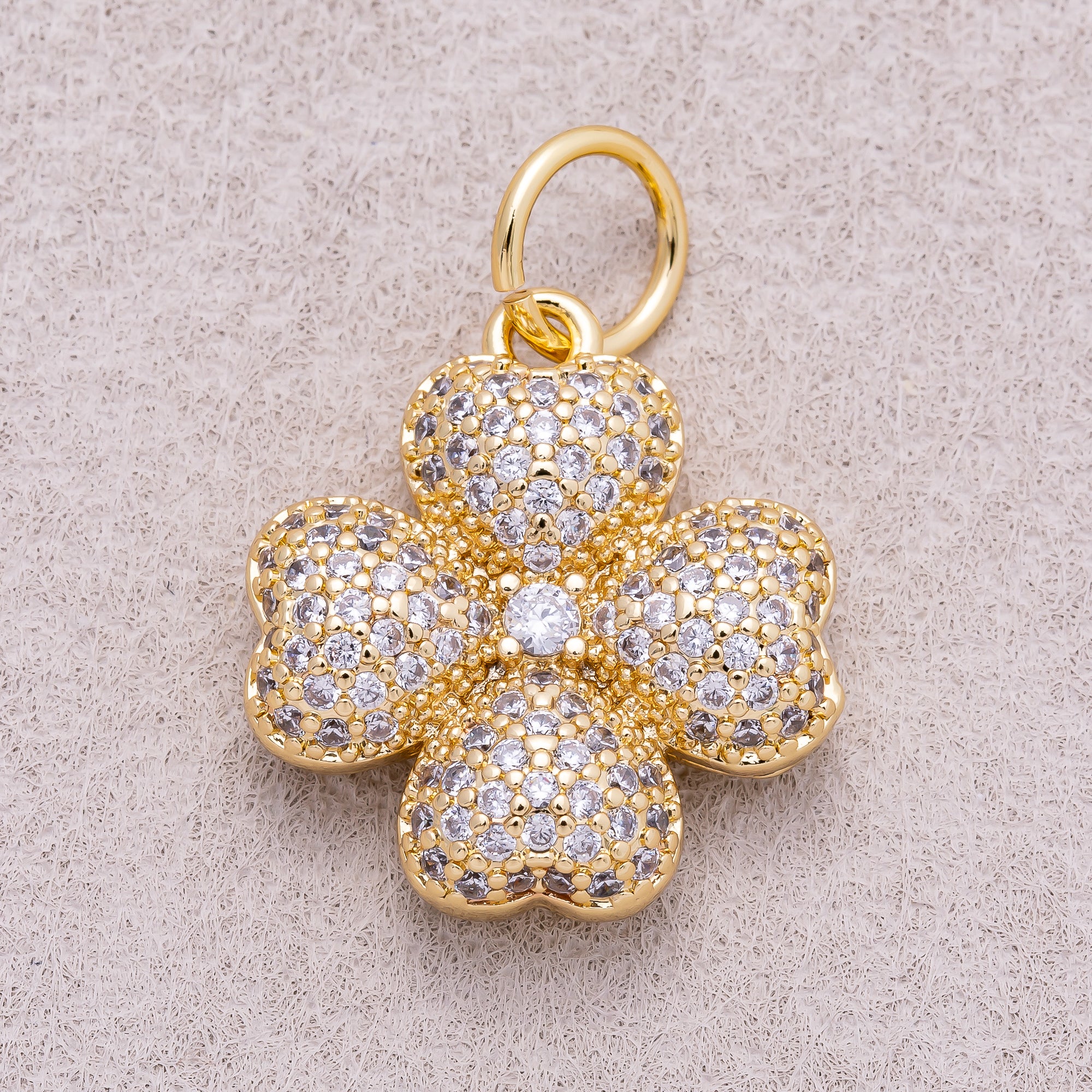 16K Gold Plated Turquoise and Clear Micro Paved CZ Leaf Clover Lucky Charm - Sold Each