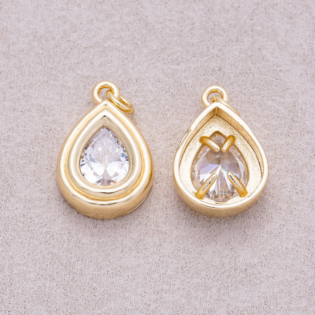 16K Gold Plated Clear CZ Teardrop Bezel Charm - Sold Each