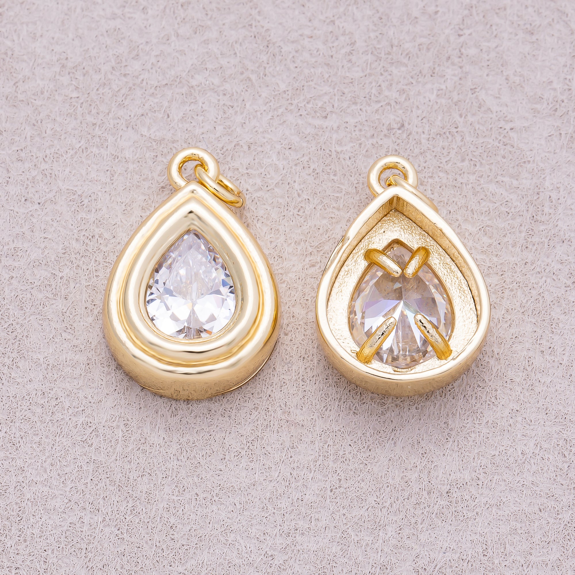 16K Gold Plated Clear CZ Teardrop Bezel Charm - Sold Each