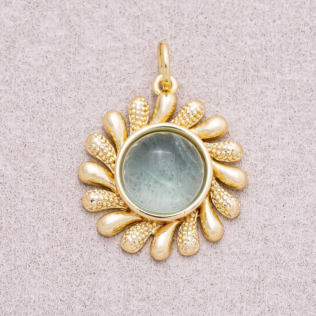 16K Gold Plated Colorful Natural Gemstone Textured Sunflower Charm - Sold Each