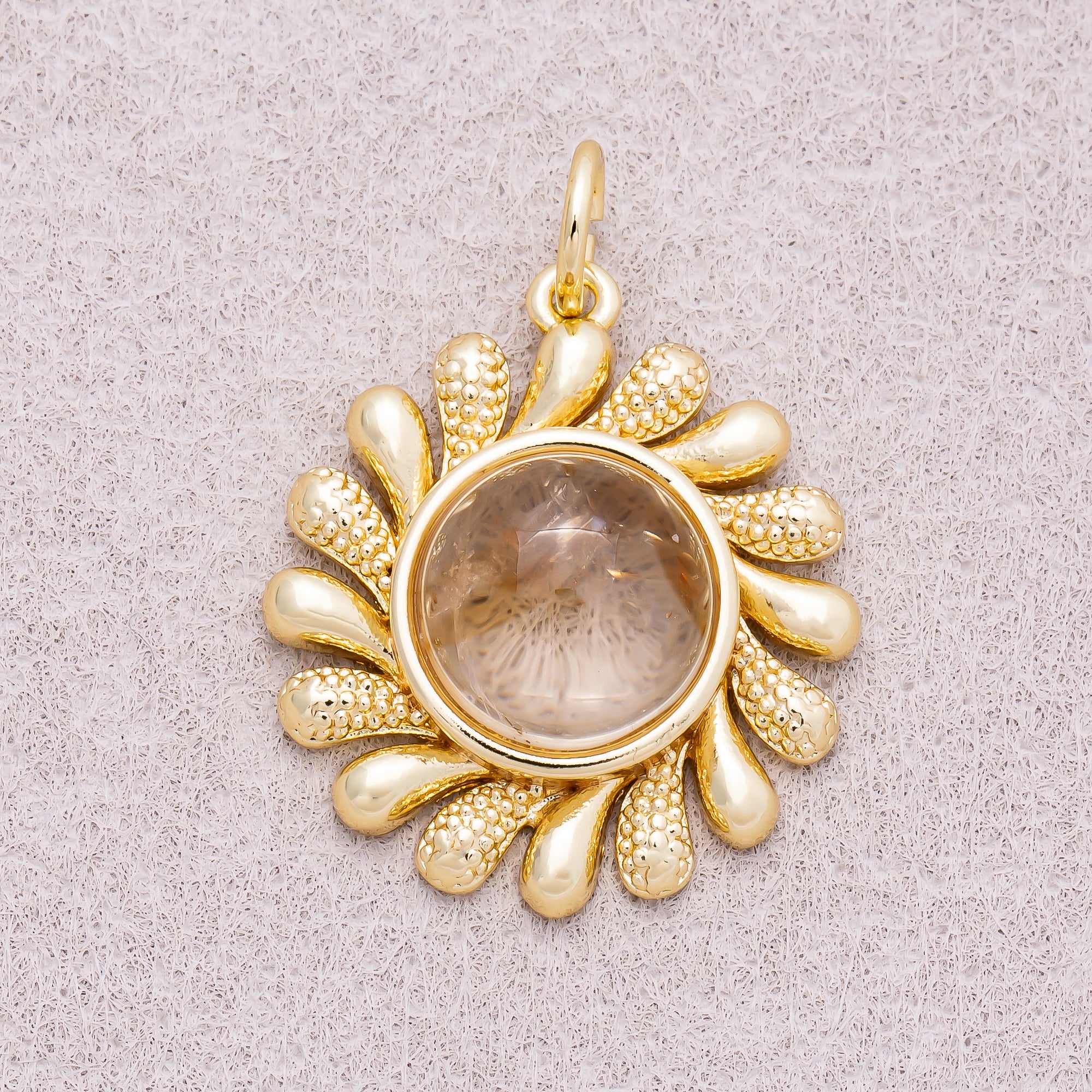 16K Gold Plated Colorful Natural Gemstone Textured Sunflower Charm - Sold Each