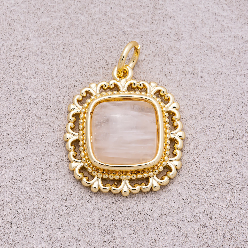 16K Gold Plated Colorful Natural Gemstone Filigree Square Charm - Sold Each