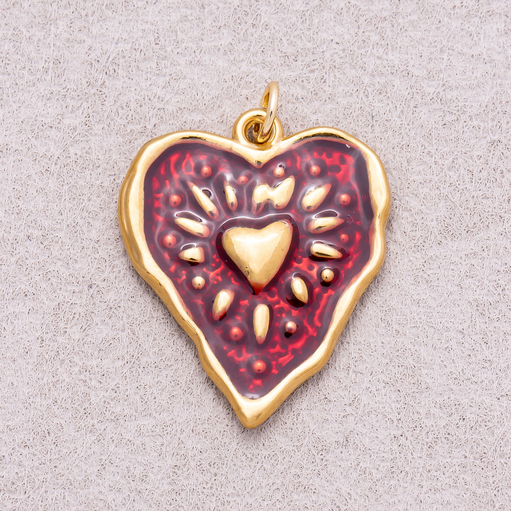 Gold PVD Stainless Steel Red Enamel Shining Heart Charm
