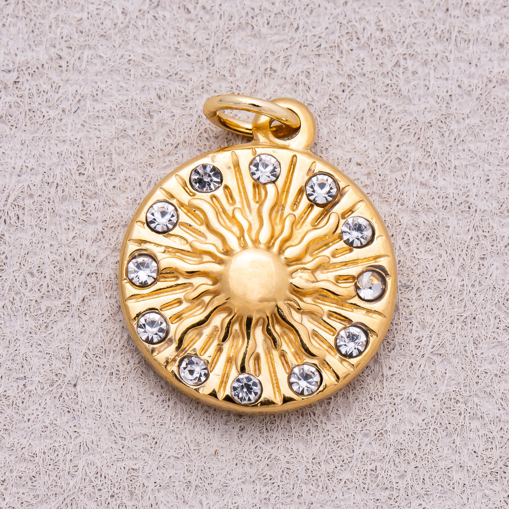 Gold PVD Stainless Steel Clear CZ Celestial Sunburst Medallion Charm