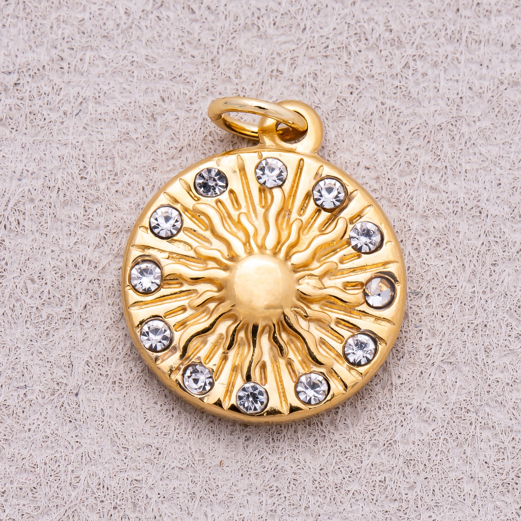 Gold PVD Stainless Steel Clear CZ Celestial Sunburst Medallion Charm