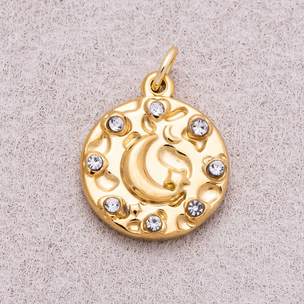 Gold PVD Stainless Steel Hammered Celestial Moon Medallion Charm