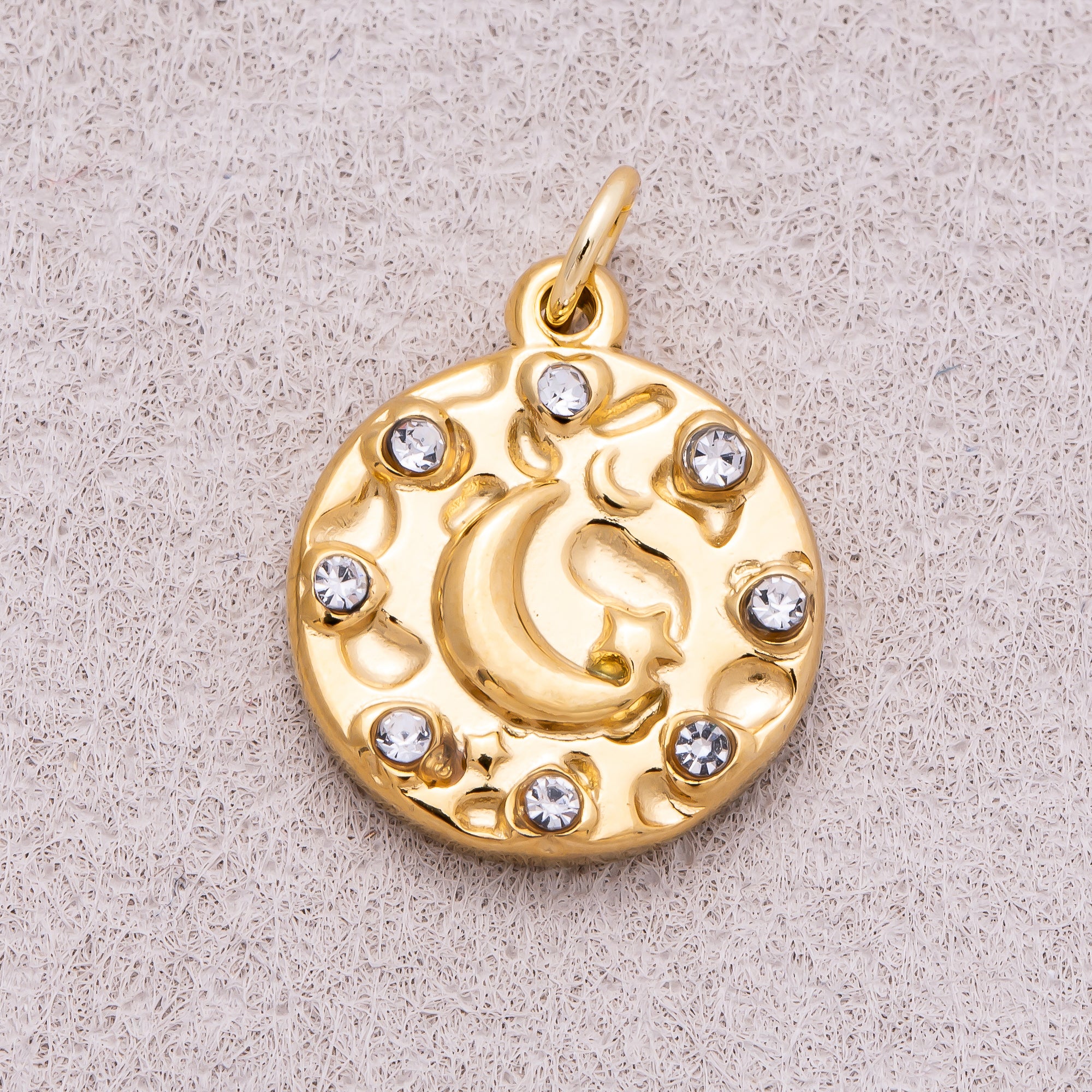 Gold PVD Stainless Steel Hammered Celestial Moon Medallion Charm