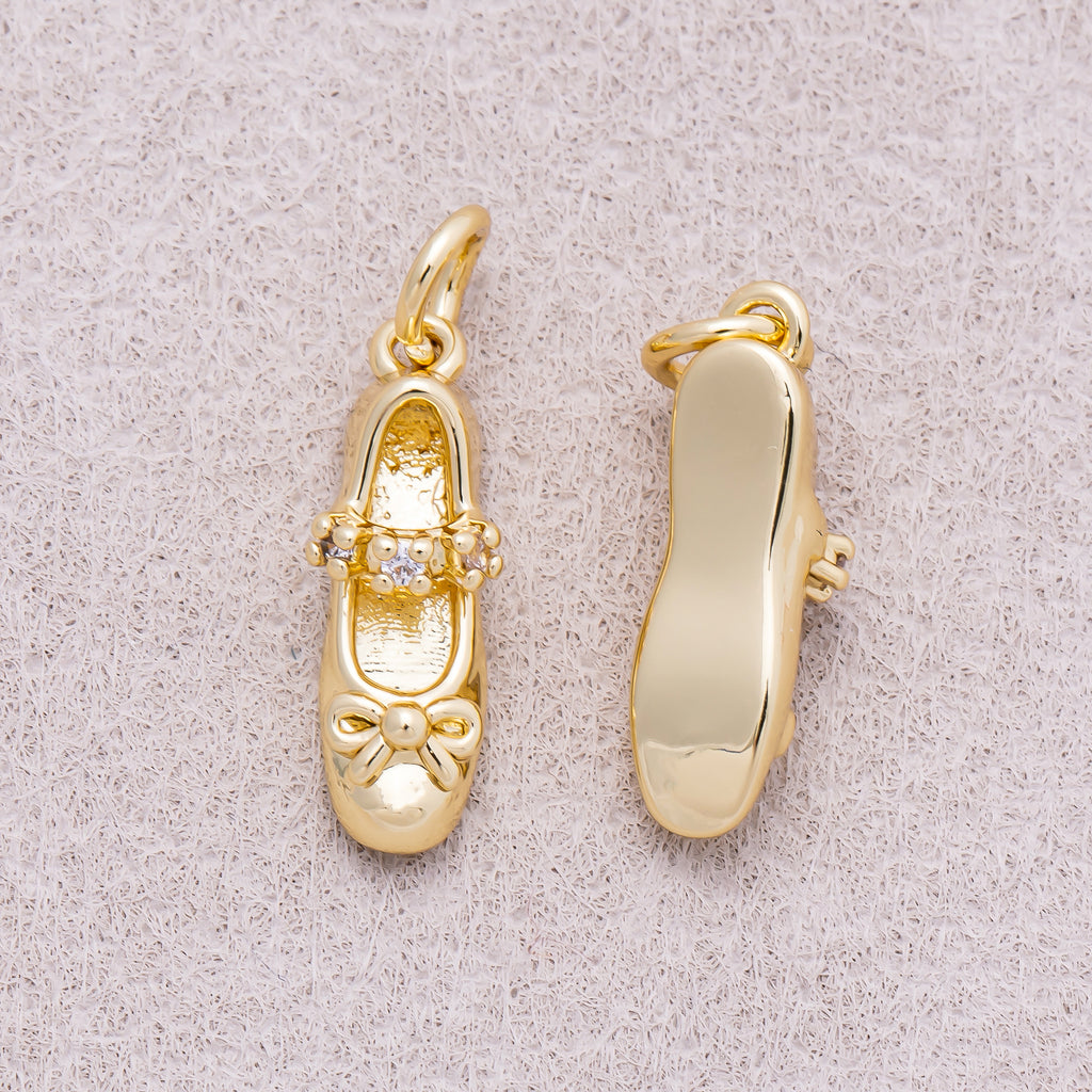 16K Gold Plated Micro Paved CZ Ballet Shoes Charm - Sold Each