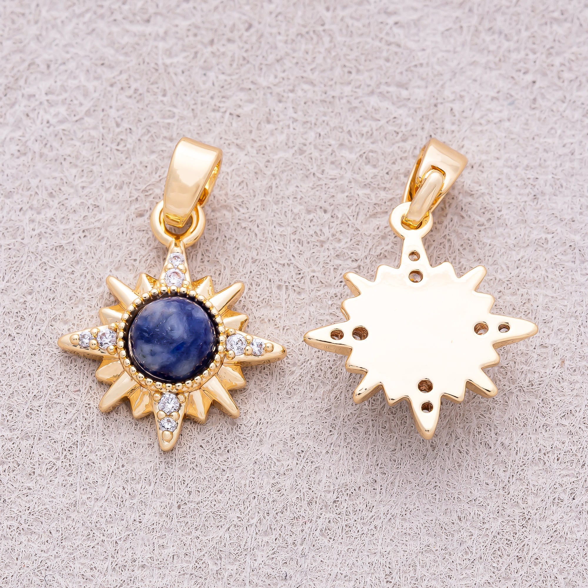 16K Gold Plated Clear CZ Blue Lapis Lazuli Gemstone Celestial Star Sun Pendant - Sold Each