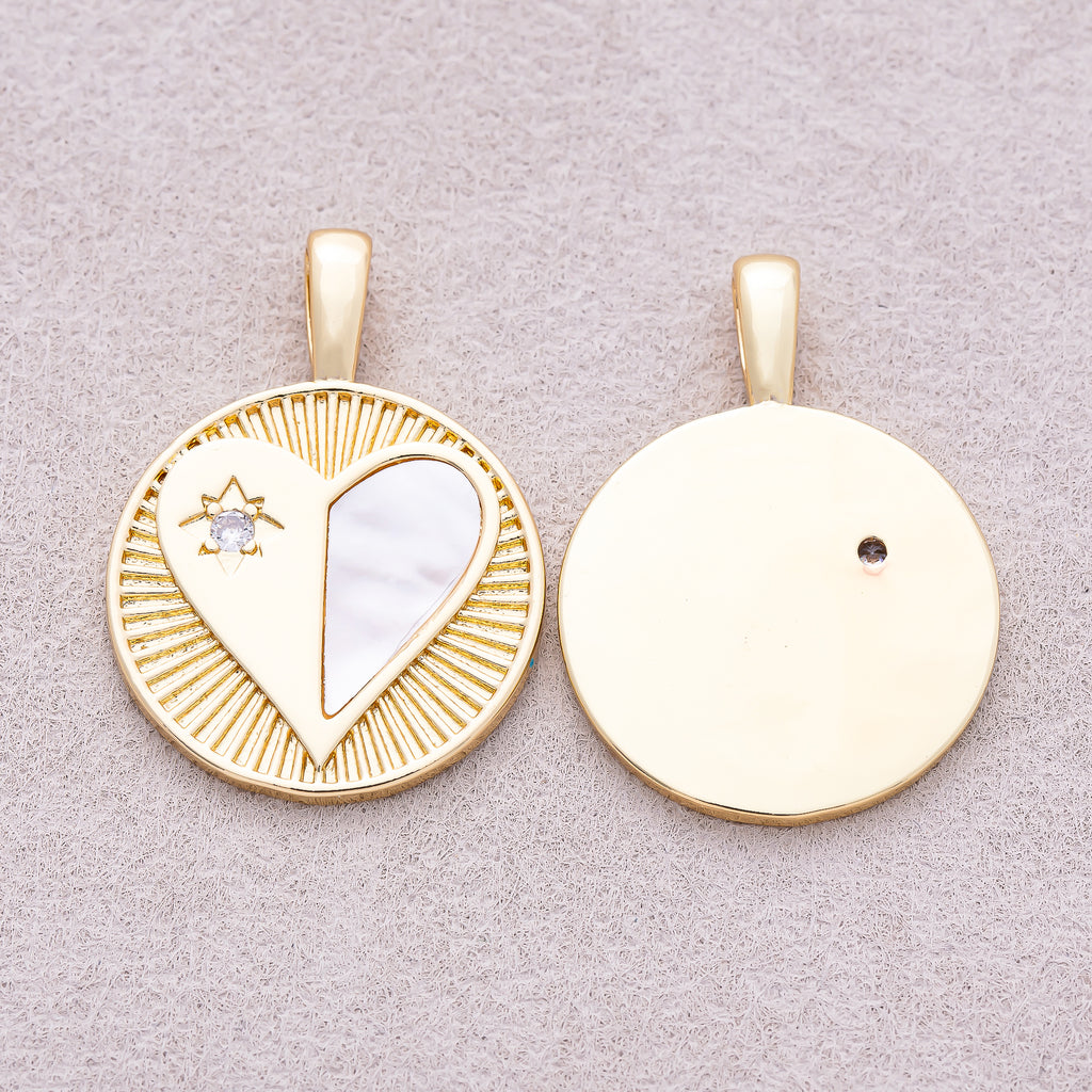 16K Gold Plated Mother of Pearl Clear CZ Heart Medallion Charm - Sold Each