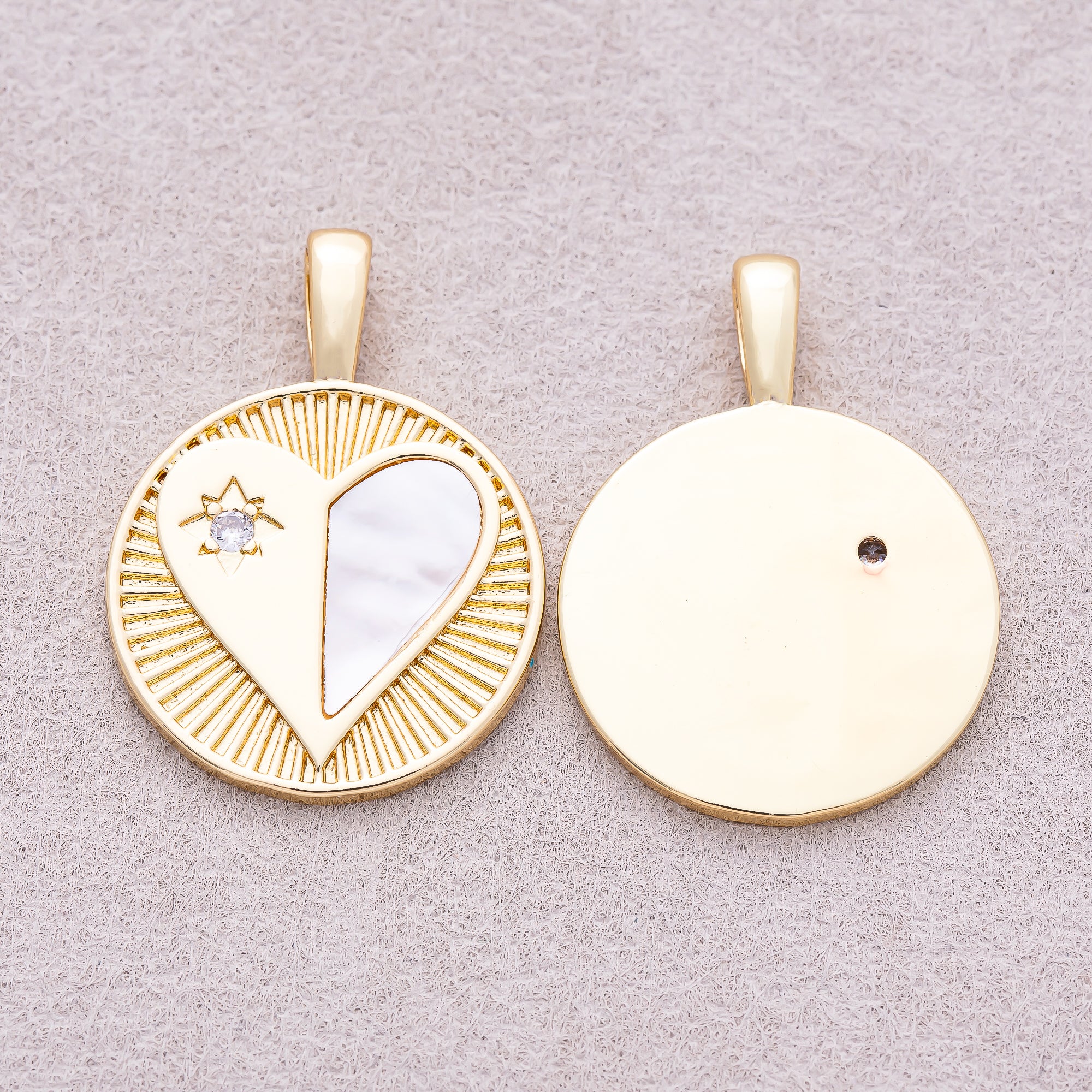 16K Gold Plated Mother of Pearl Clear CZ Heart Medallion Charm - Sold Each