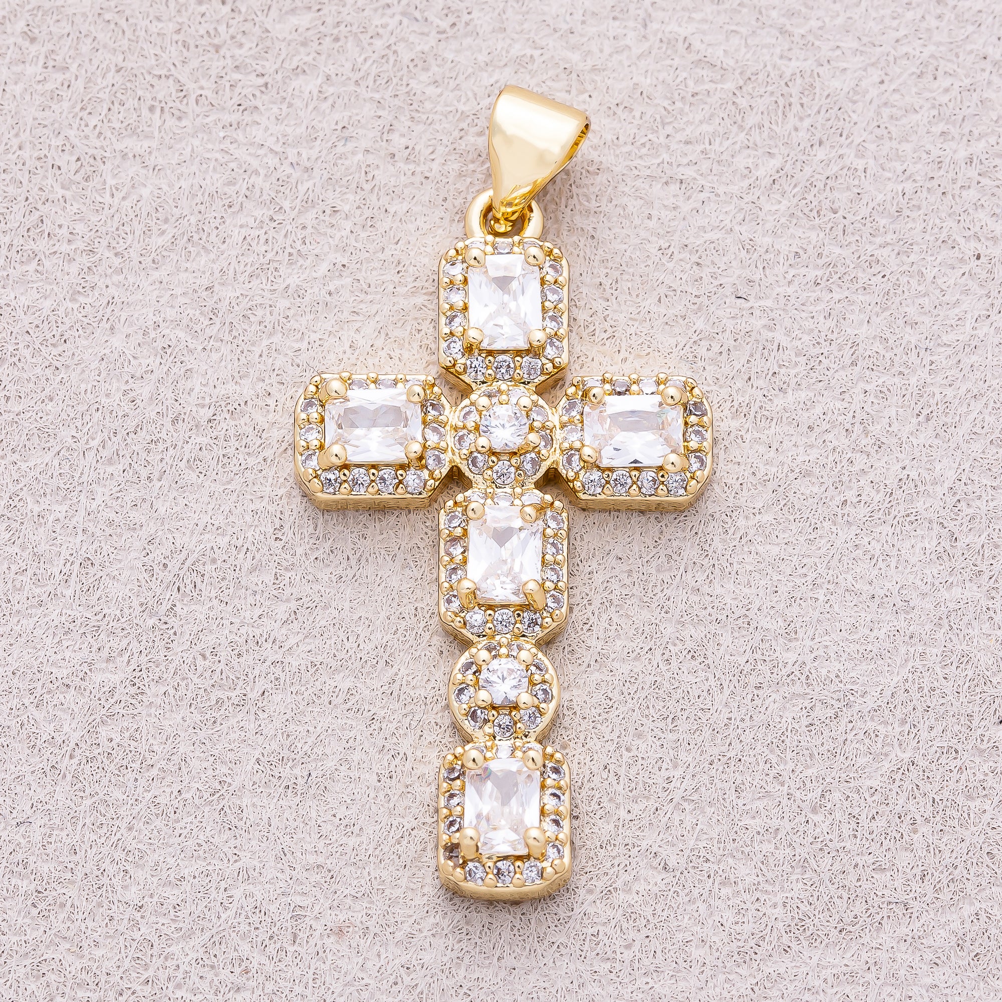 16K Gold Plated Micro Paved CZ Baguette Religious Cross Pendant - Sold Each