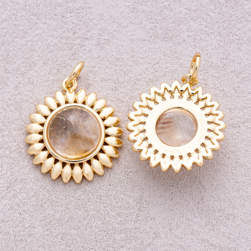 16K Gold Plated Moonstone Natural Gemstone Sunflower Charm - Sold Each
