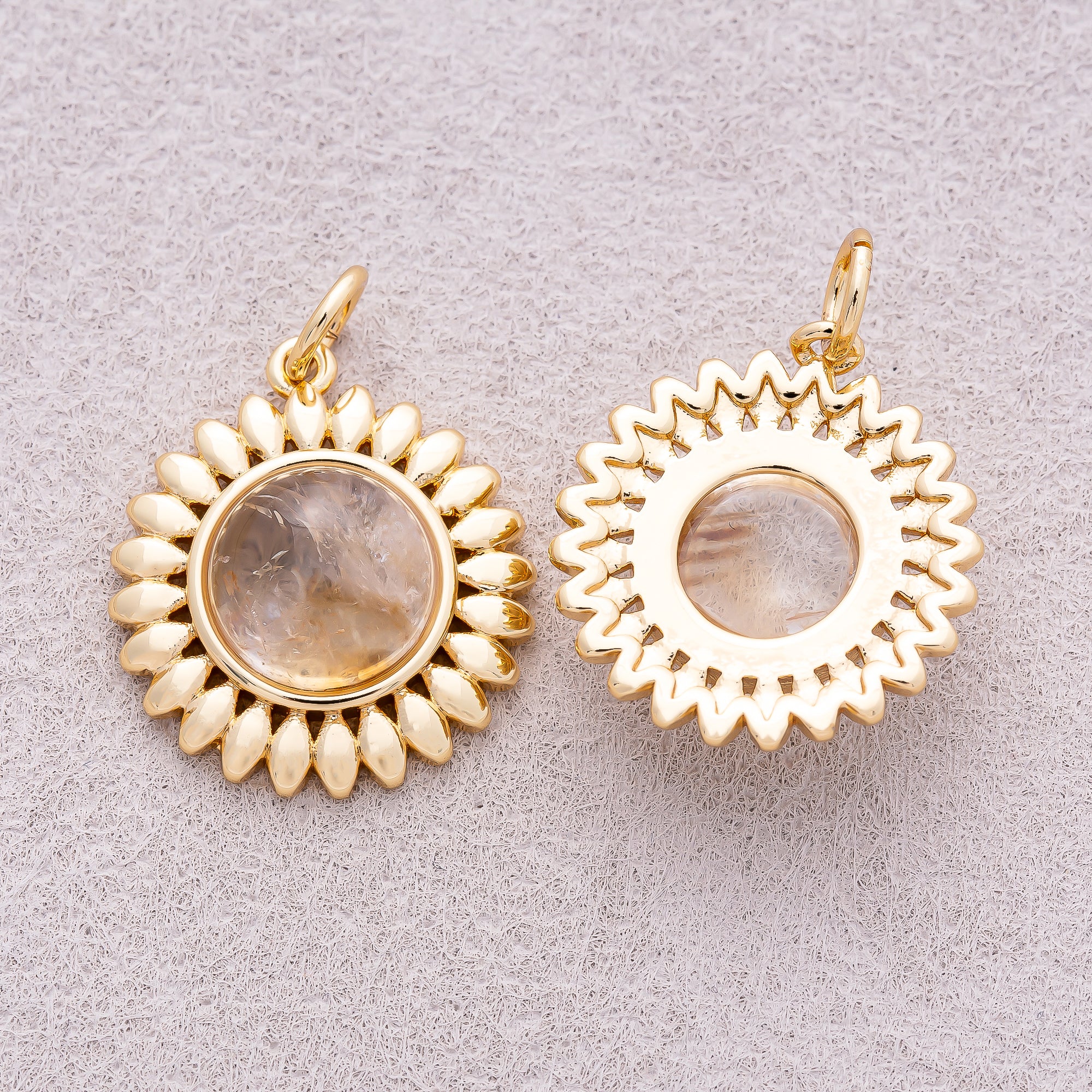 16K Gold Plated Moonstone Natural Gemstone Sunflower Charm - Sold Each