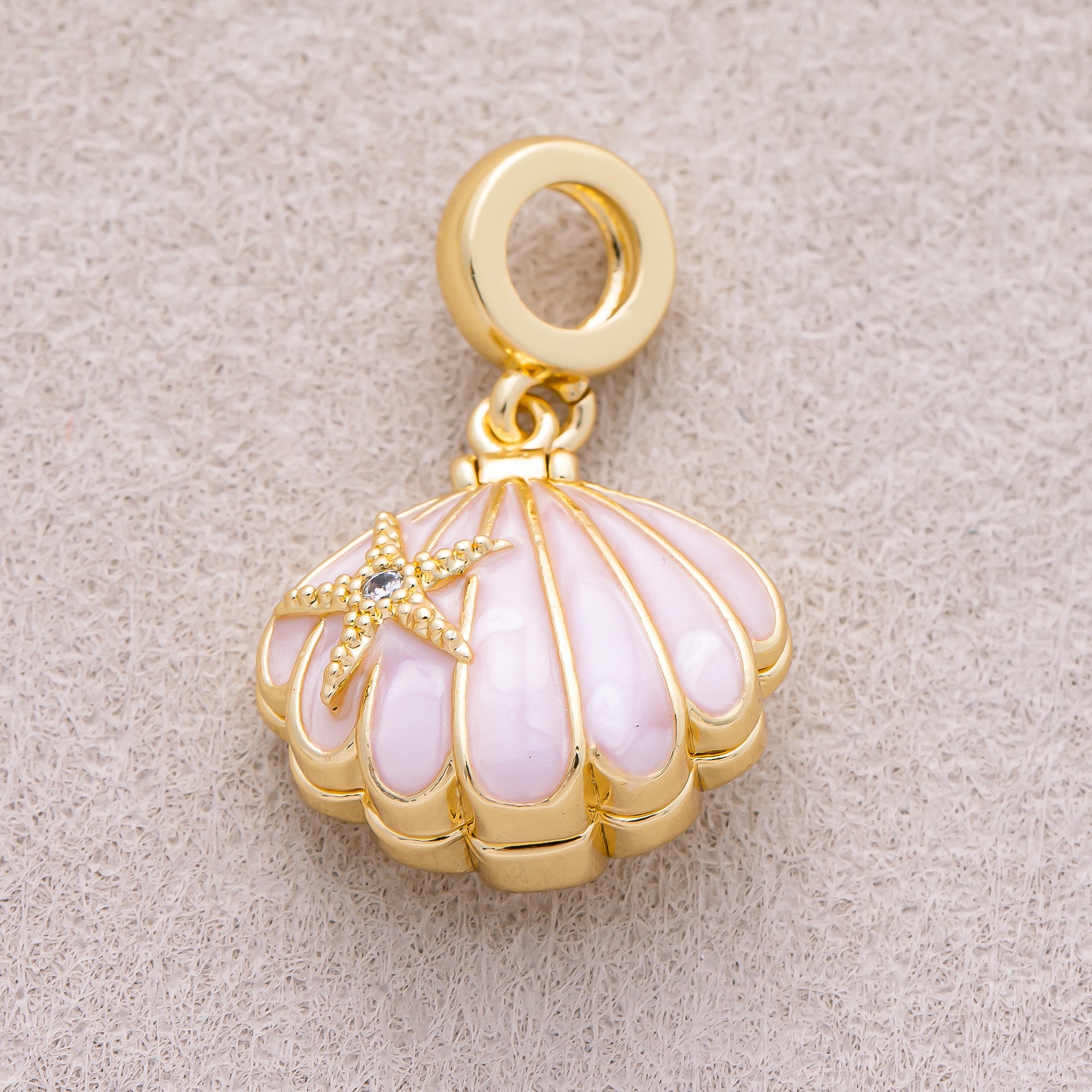16K Gold Plated White, Pink Enamel Seashell Ocean Multidimensional Pendant - Sold Each