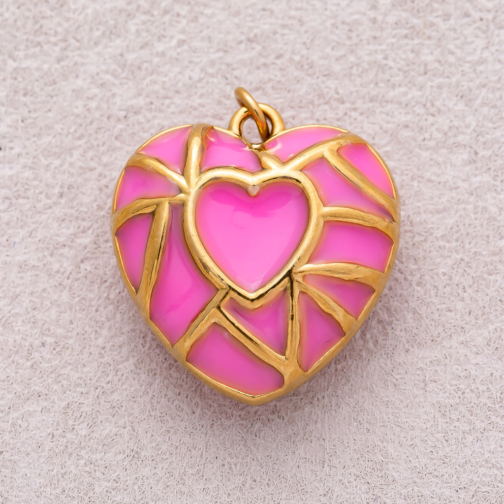 Gold PVD Stainless Steel Pink Mosaic Enamel Puffy Heart Charm