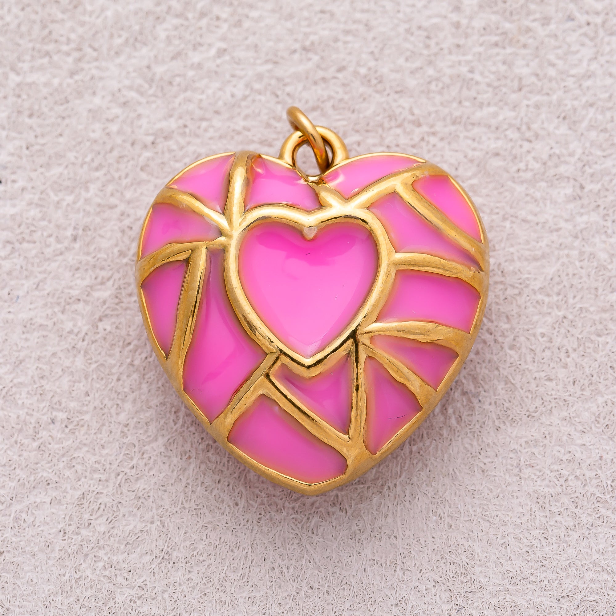 Gold PVD Stainless Steel Pink Mosaic Enamel Puffy Heart Charm