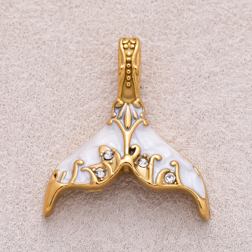 Gold PVD Stainless Steel Clear CZ Blue and White Mother of Pearl Mermaid Tail Fish Charm