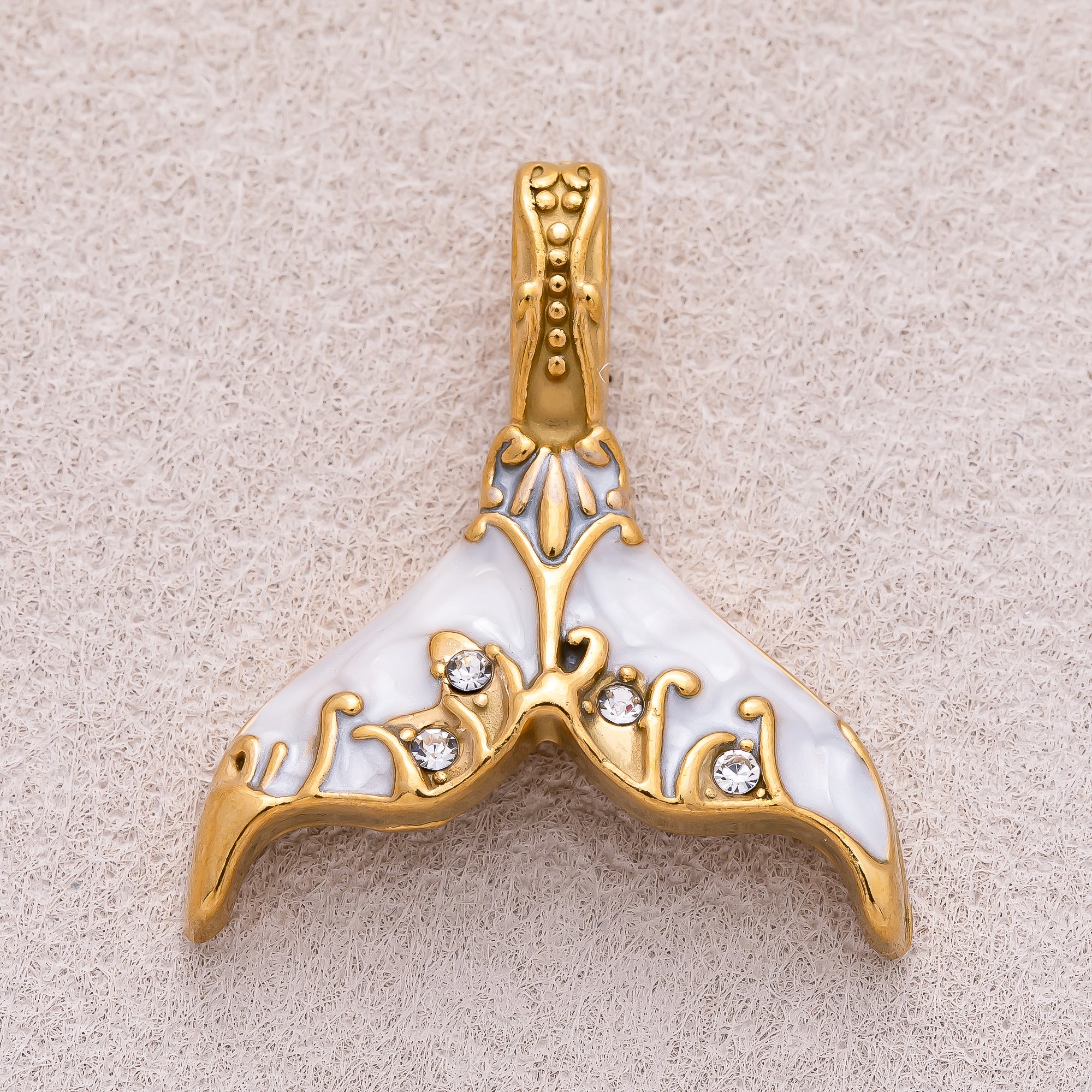 Gold PVD Stainless Steel Clear CZ Blue and White Mother of Pearl Mermaid Tail Fish Charm