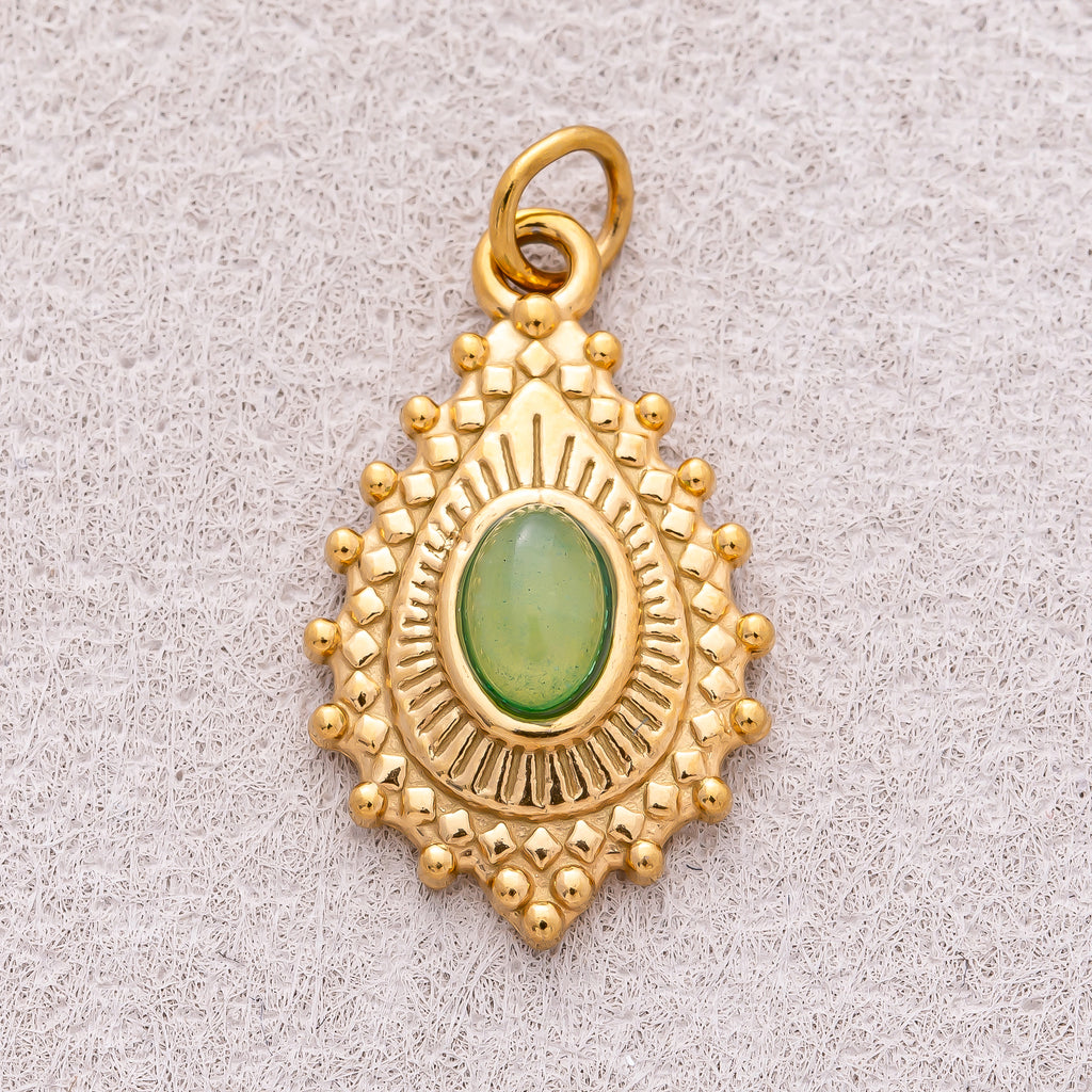 Gold PVD Stainless Steel Sapphire & Olive Oval Vintage Teardrop Sunrays Natural Gemstone Charm