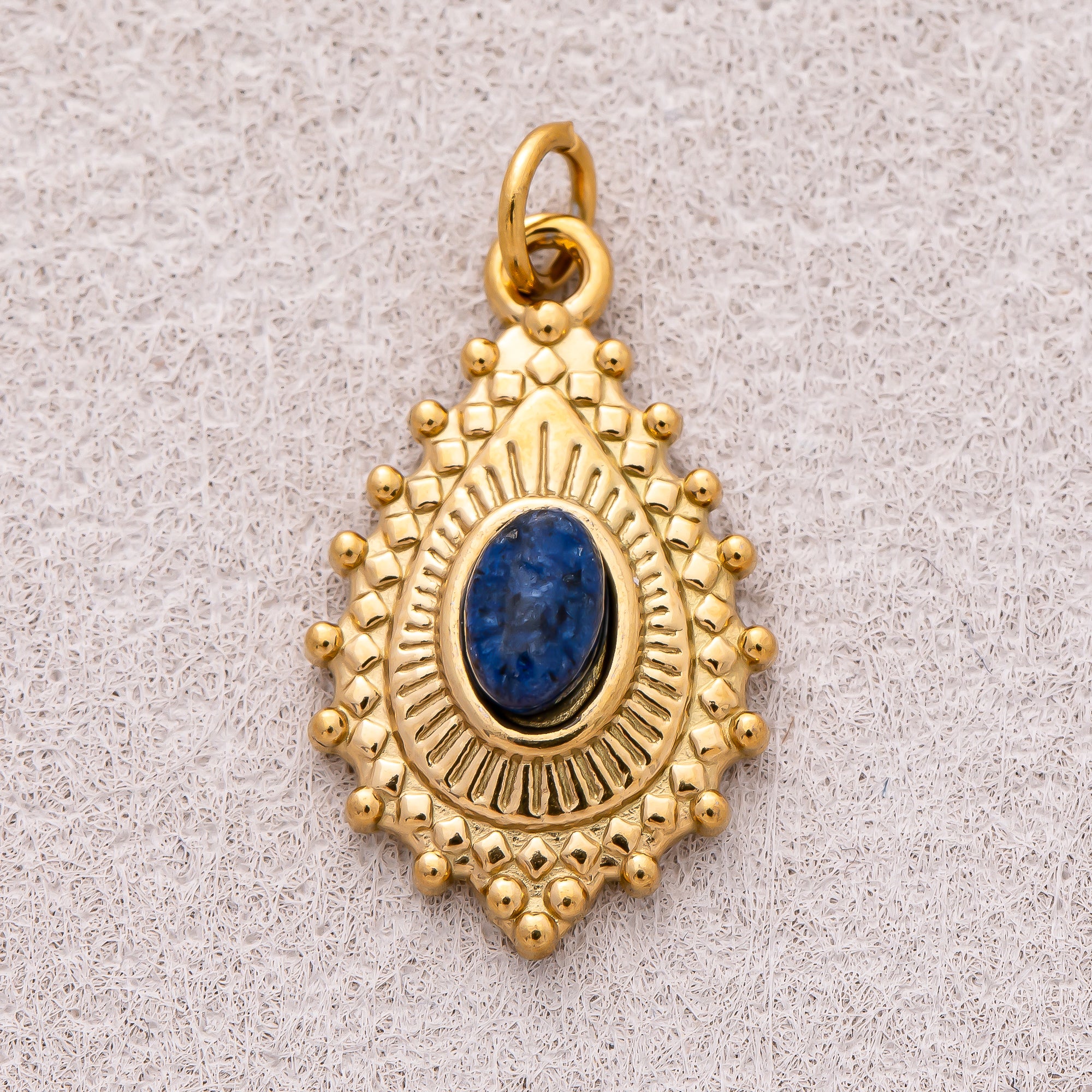 Gold PVD Stainless Steel Sapphire & Olive Oval Vintage Teardrop Sunrays Natural Gemstone Charm