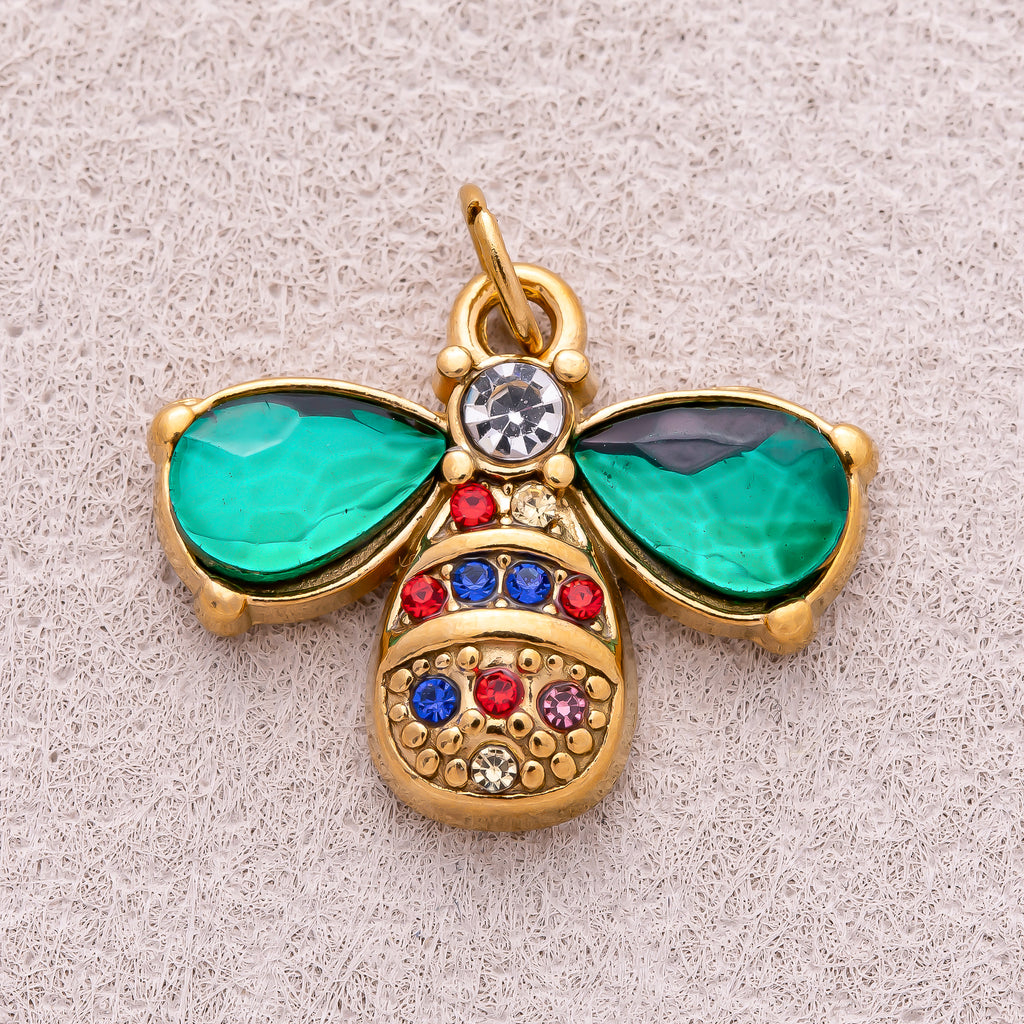 Gold PVD Stainless Steel Emerald CZ Bumble Bee Insect Charm