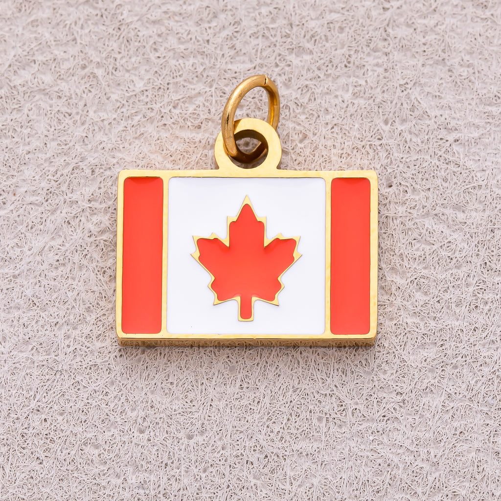 Gold PVD Stainless Steel Red & White Enamel Tag Canada Flag Charm