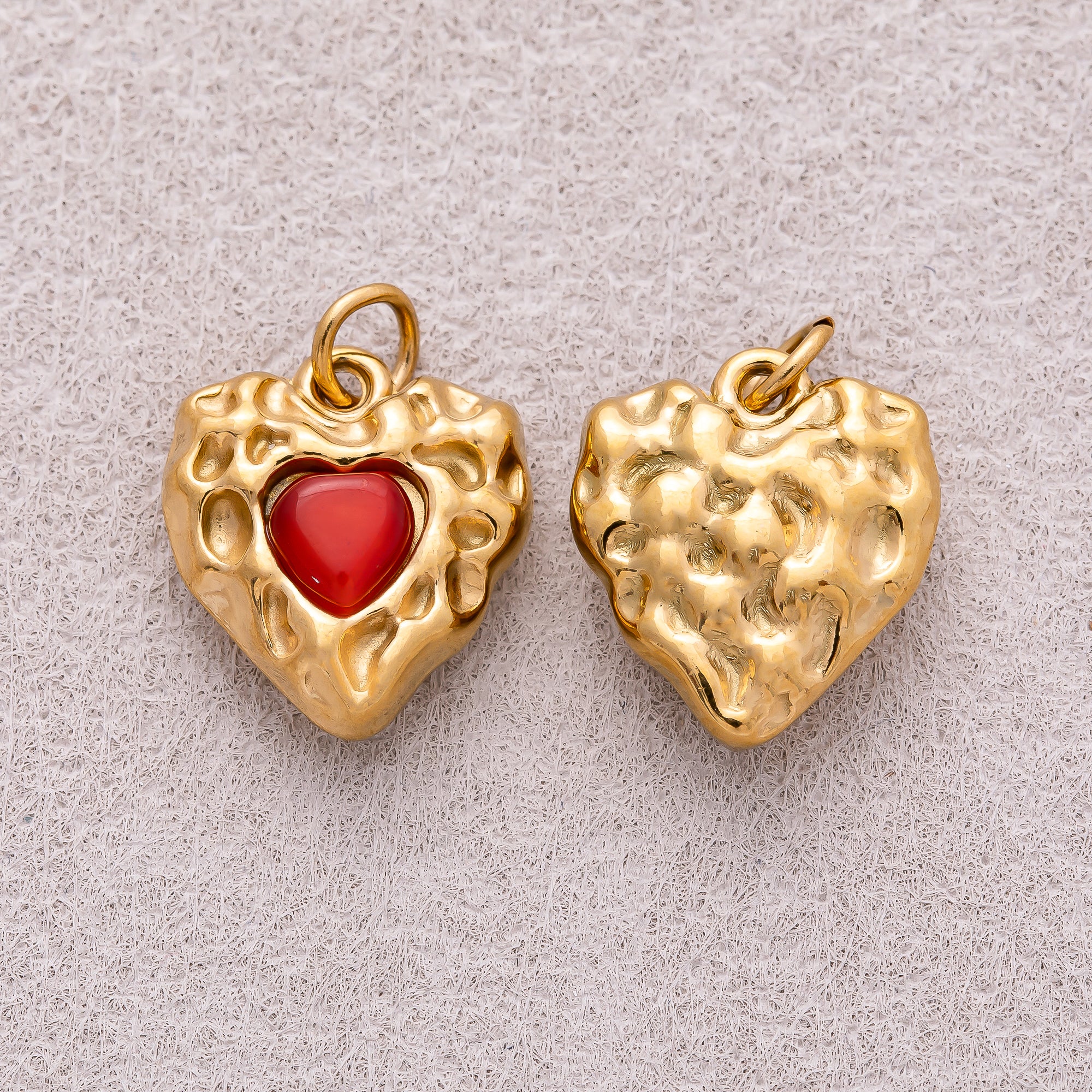Gold PVD Stainless Steel Red Garnet Natural Gemstone Vintage Heart Charm