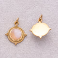 Gold PVD Stainless Steel Rose Quartz Cabochon Natural Gemstone Ribbed Medallion Charm